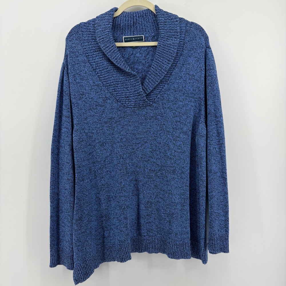 Karen Scott Blue Speckled Shawl‎ Collar Knit Sweater Plus Size 2X